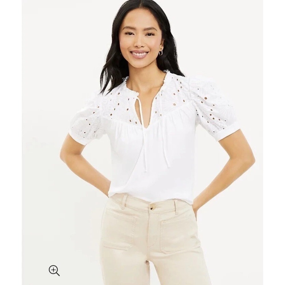 LOFT White Eyelet Tie Neck Puff Sleeve Mixed Media Top Soft Stretch Size‎ M